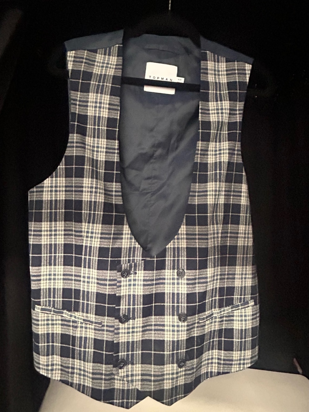 Topman Plaid Suit Vest in Navy and White